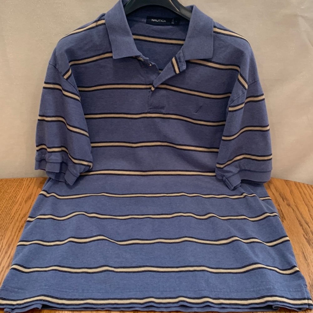 Nautica Blue Striped Polo Shirt Size Large